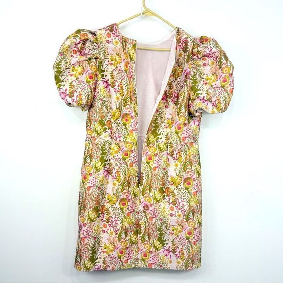 Clover and Sloane Pink Green Floral Print Jacquard Puff Sleeve Sheath Mini Dress - Picture 12 of 16